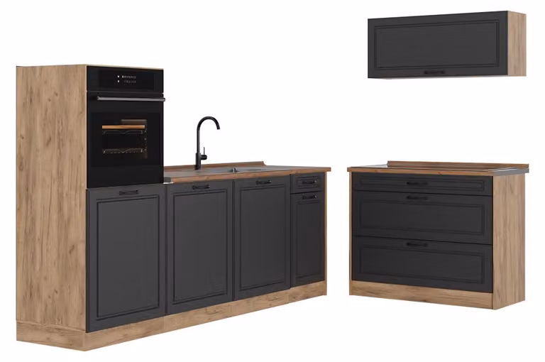 Cucina componibile Vicco R-Line Antracite country/Rovere dorato 220 cm piano di lavoro Rovere dorato, Model 68127