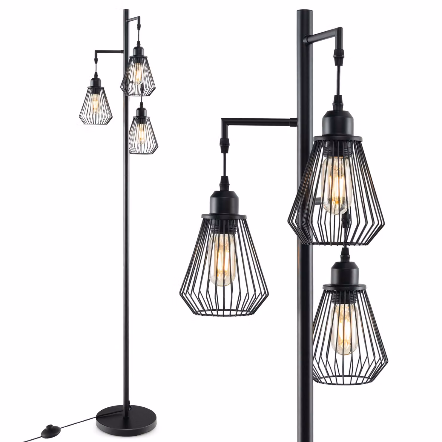 COSTWAY lampada da terra 169cm, lampada da terra con 3 paralumi, interruttore a pedale e base stabile, lampada da lettura moderna nera (conica)