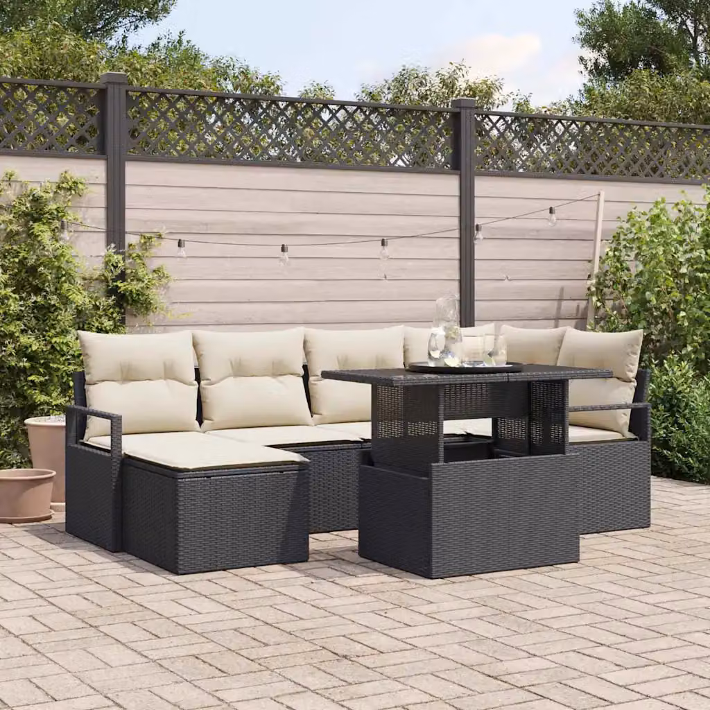 Set Divano da Giardino vidaXL 7 Pezzi a Forma di L con Tavolino e Ottoman, Colore Nero e Beige, Struttura in Metallo e Polyrattan con Cuscini Inclusi – 1