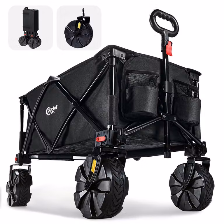 Carrello pieghevole, con sistema di fissaggio rapido, capacità di 128 litri, portata massima di 102 kg, pneumatici larghi, ideale per il campeggio