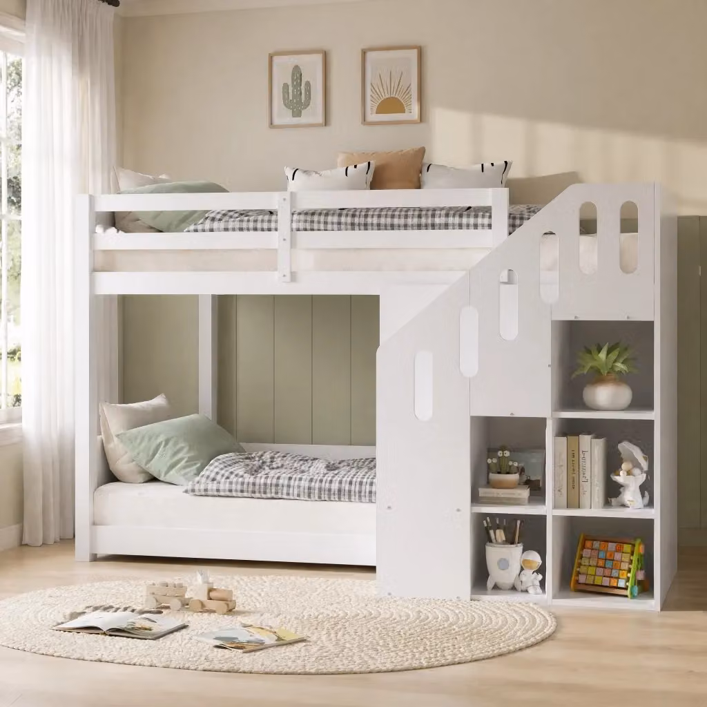 Letto a castello per bambini REDOM in legno massello di pino bianco con scala contenitore L/P/H: 200 x 90 x 136,1 cm – 2