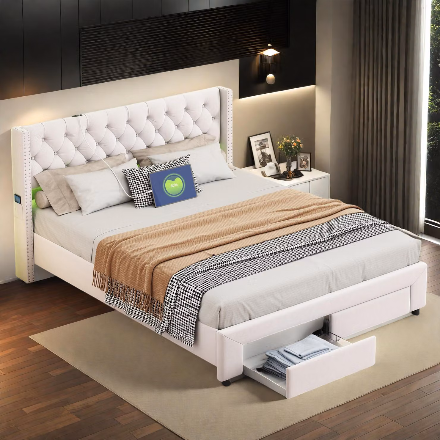 UnboxG Letto imbottito 180 x 200 cm con illuminazione a LED, connessione USB e 2 cassetti - velluto, beige, letto matrimoniale con vano portaoggetti e tasche laterali