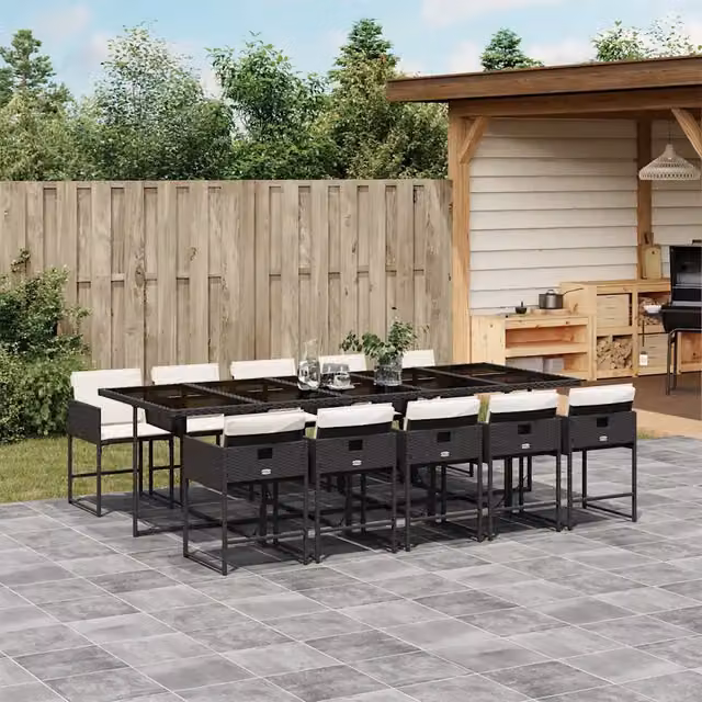 Set da pranzo da giardino vidaXL in polyrattan nero e bianco con 11 pezzi e piano in vetro