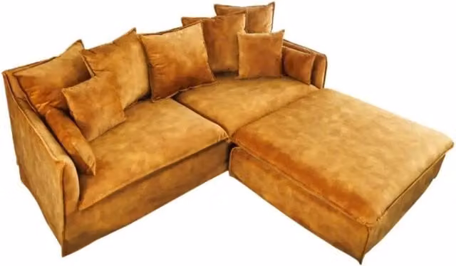 Divano ad angolo Meublorama KALIA in velluto giallo, modello moderno con angolo reversibile e cuscini inclusi – 1