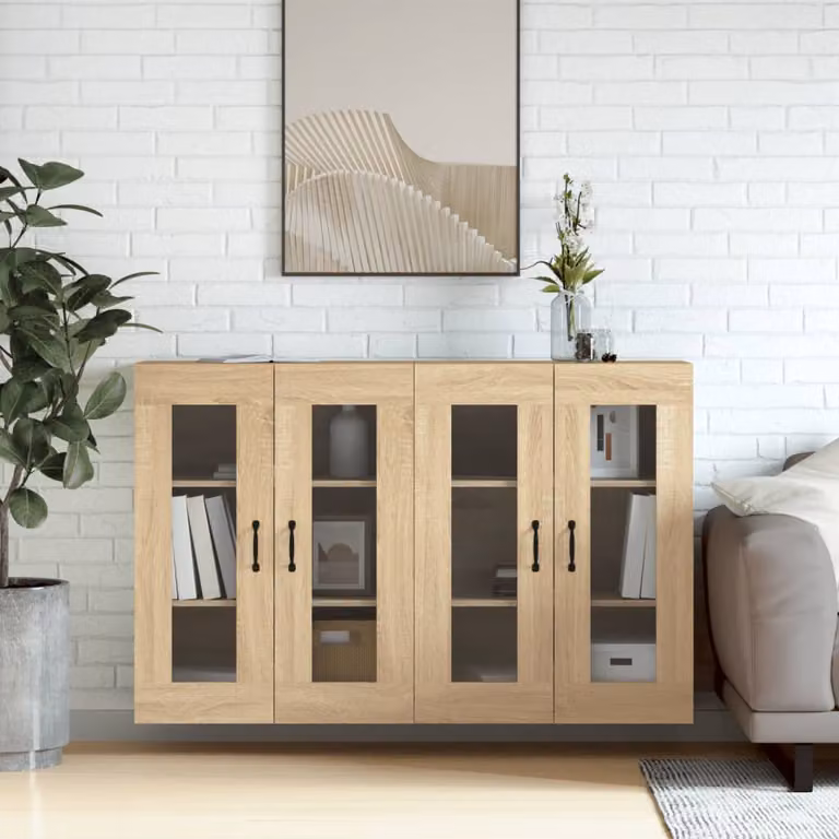 Set di 2 armadietti a parete vidaXL in legno e vetro con ante in vetro, colore marrone rovere, H 90 cm x L 69,5 cm x P 34 cm