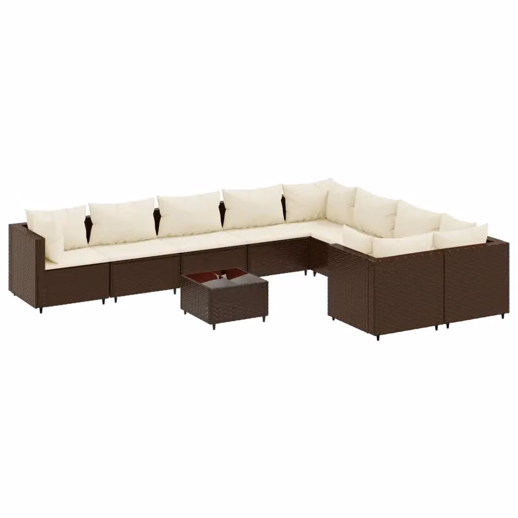 Set di divani da giardino vidaXL 10 pezzi con cuscini e tavolino, polyrattan marrone e bianco con struttura in acciaio e vetro – 2