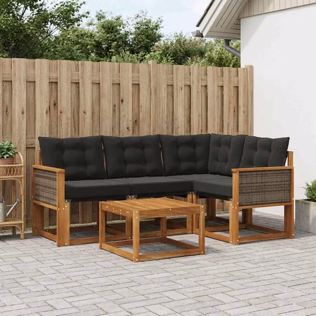 Set di divani da esterno vidaXL 5 pezzi in legno di acacia con cuscini, colore marrone e nero