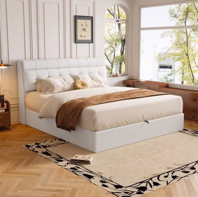 Letto imbottito 160x200 cm con contenitore idraulico e vani nascosti in PU bianco
