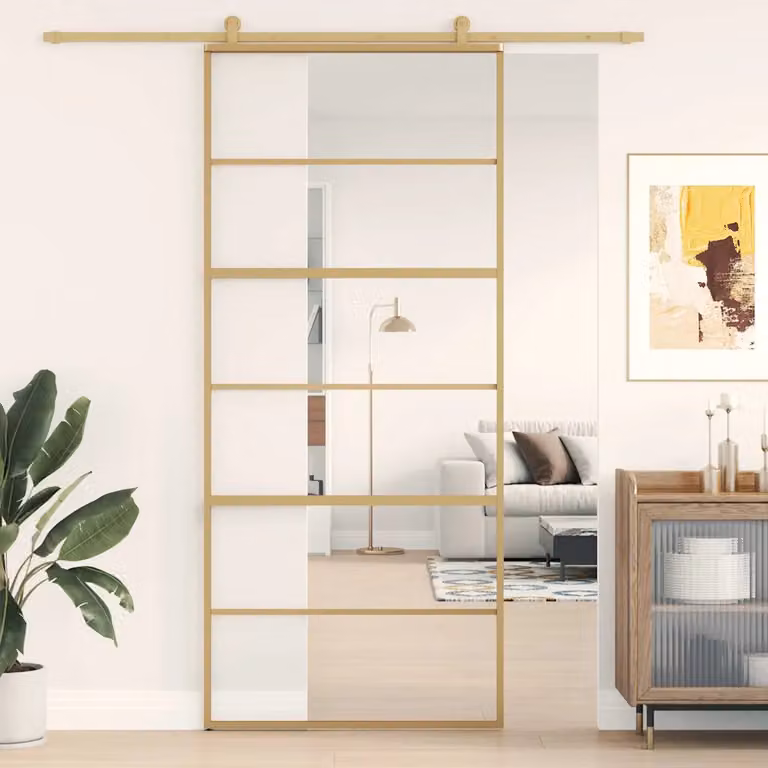 Porta Scorrevole vidaXL in Alluminio e Vetro Trasparente ESG, Colore Oro, L: 90 cm, H: 205 cm