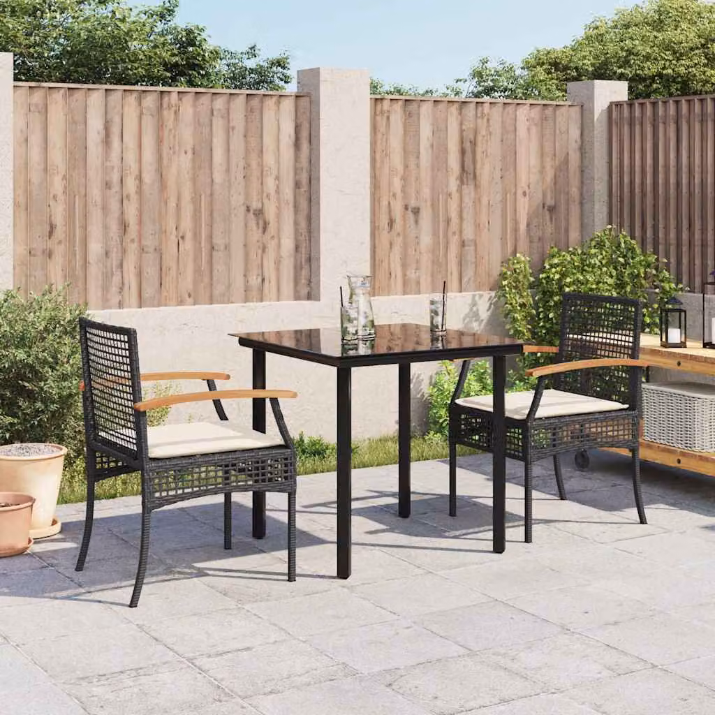 Set da Pranzo da Giardino 3 pz vidaXL in Polyrattan e Legno di Acacia con Cuscini e Tavolo in Vetro Nero e Bianco – 1