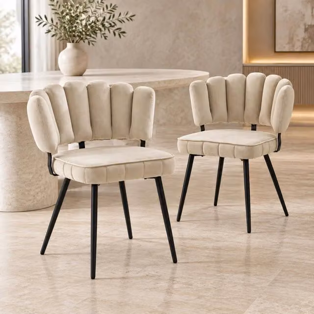 Set di 2 Sedie da Pranzo con Schienale a Fiore in Velluto Strutturato e Gambe in Metallo Nero, Altezza 80 cm