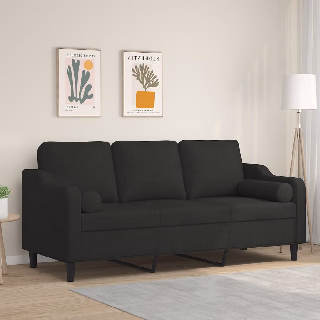 vidaXL Divano a 3 Posti Moderno in Tessuto Nero con Cuscini e Coperture Rimovibili L: 198 cm, P: 80 cm, H: 77 cm – 1