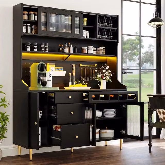 Mobile Soggiorno con Ripiani Regolabili e LED ¨C Minimal ¨C Nero, Legno, 145x39x171cm