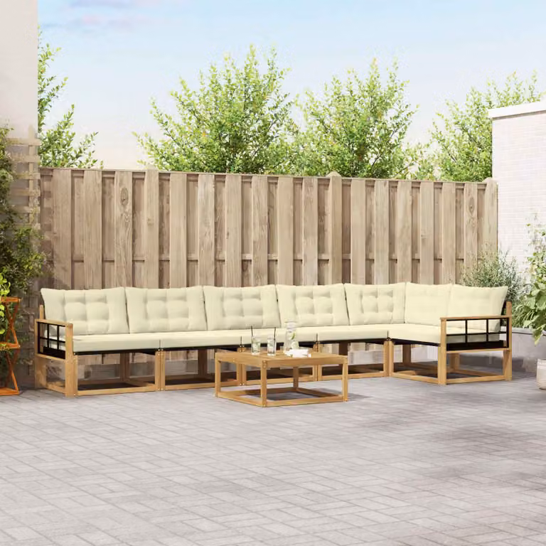 Set di divani da esterno vidaXL 7 pz in legno di acacia con tavolo da caffè e cuscini, Bianco e Beige