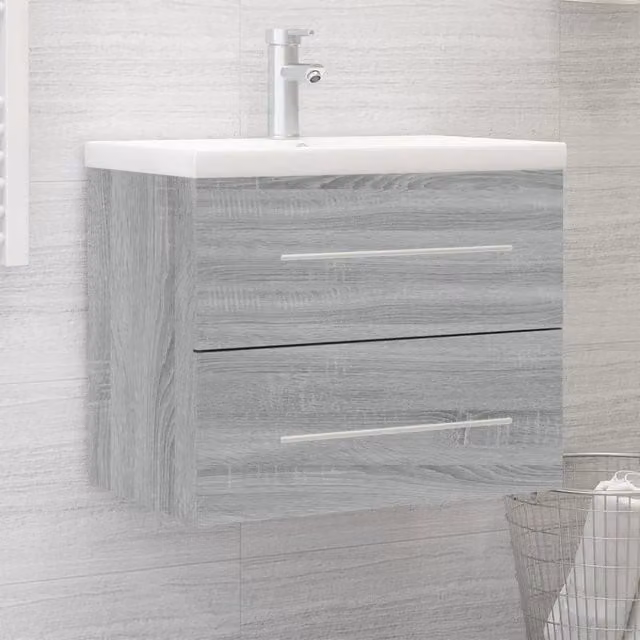 Mobile bagno con lavabo integrato vidaXL in legno grigio e bianco, sospeso, con ante e cassetti L/P/H: 60.0 x 38.5 x 48.0 cm