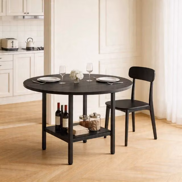 Tavolo da pranzo rotondo Mivray nero con ripiano in MDF e metallo, Diametro: 100 cm, Altezza: 77 cm