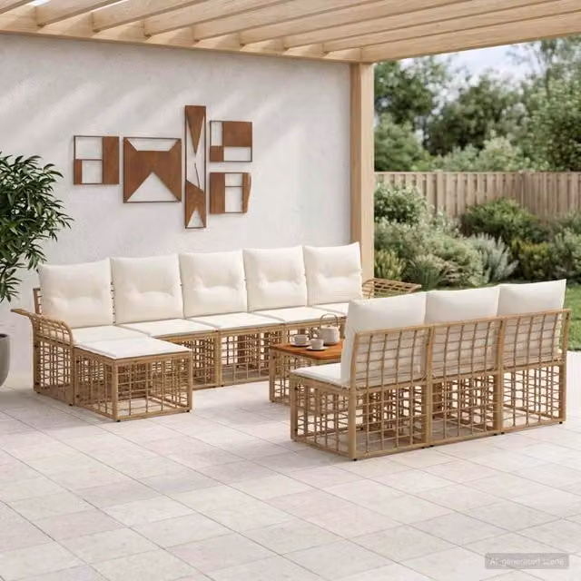 Set di divani da esterno 11 pz 10-Posti Naturale e Bianco Crema 3437772