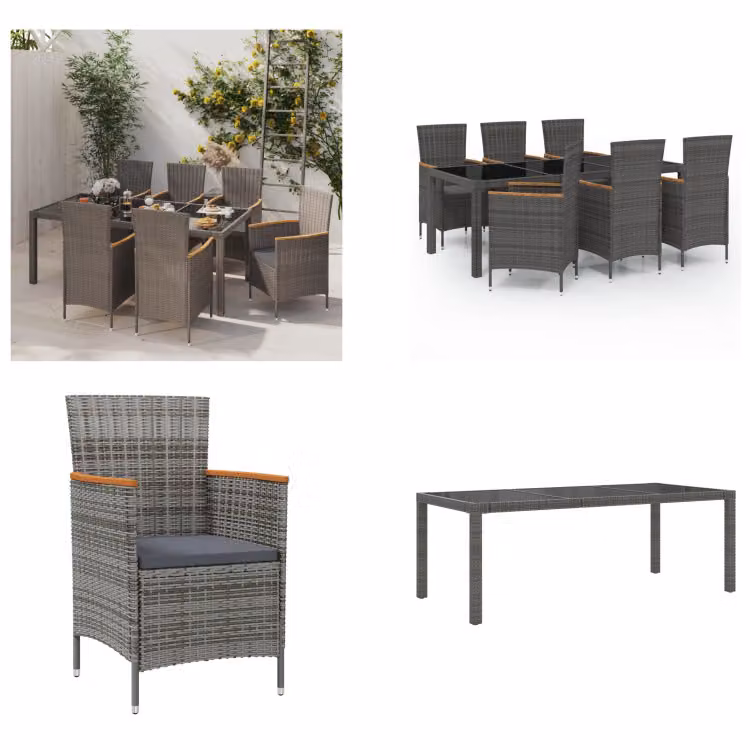 vidaXL Set da pranzo da giardino 7 pezzi con cuscini in poly rattan nero e grigio - Set da pranzo da giardino - Gruppi da pranzo da giardino - Set di mobili da giardino - Set di mobili da giardino