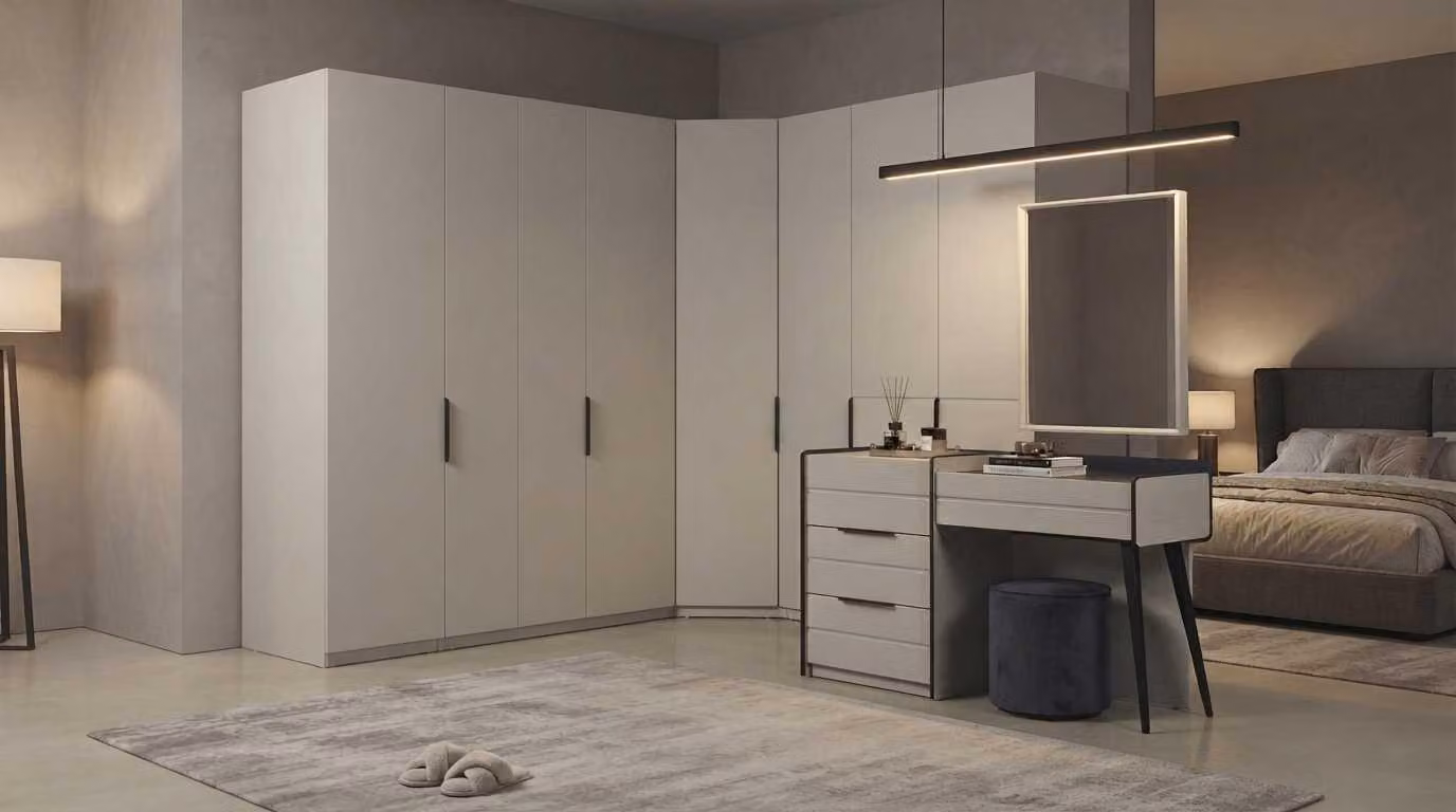 Armadio a specchio, tavolino da trucco, beige, nero, design moderno ed elegante, set completo