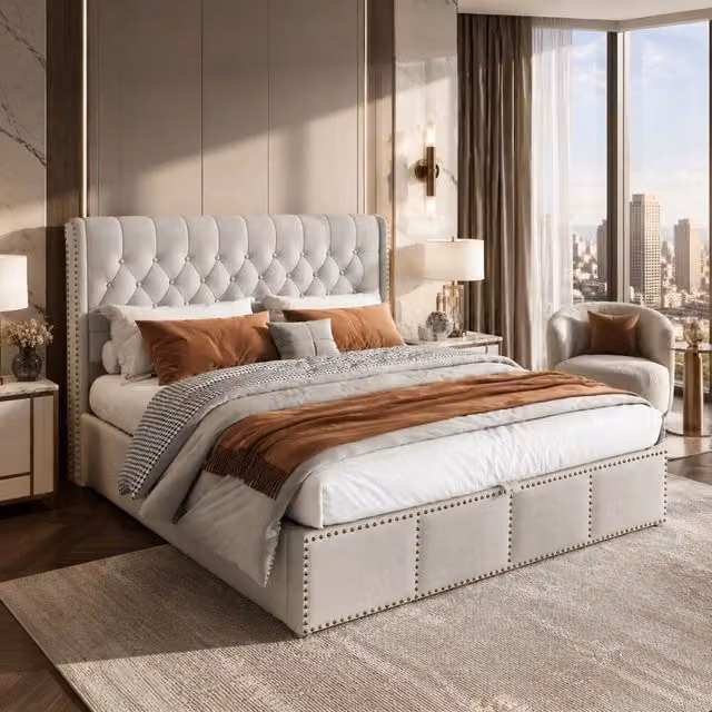 Letto 140 × 190 cm con vano contenitore rivestito in cotone e lino grigio con rete a doghe e testiera alta