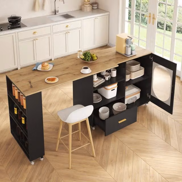 Desviae Carrello da cucina su ruote con piano girevole a 360° cassetto e ripiani MDF naturale nero 120–180 × 60 × 90 cm