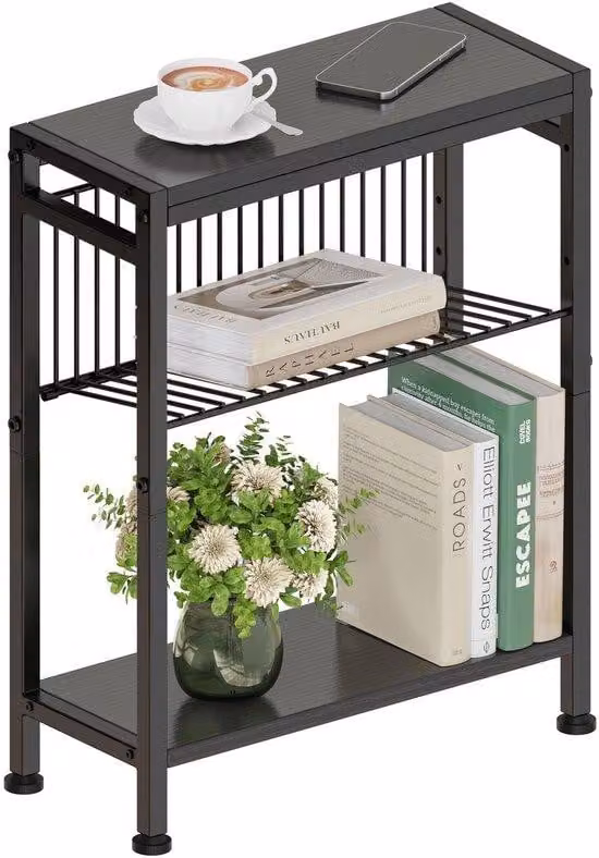 Ibenzoa® Tavolino laterale in metallo sottile (18 x 43 x 56,5 cm) – 3 ripiani (incluso portariviste a forma di L), struttura resistente alla ruggine, piedini regolabili
