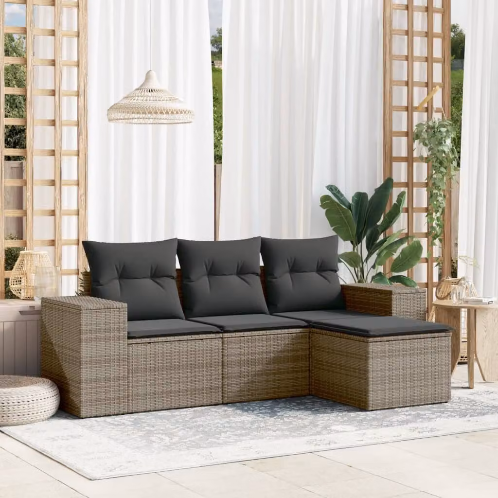 vidaXL Set Divani da Giardino a L 4 pz con Cuscini Grigio con Struttura in Metallo e Polyrattan – 1