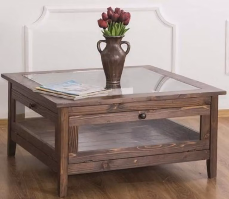 Tavolino Casa Padrino in stile country con piano in vetro marrone 90 x 90 x h. 45 cm - Tavolo da soggiorno in legno massello - Mobili da soggiorno in stile country