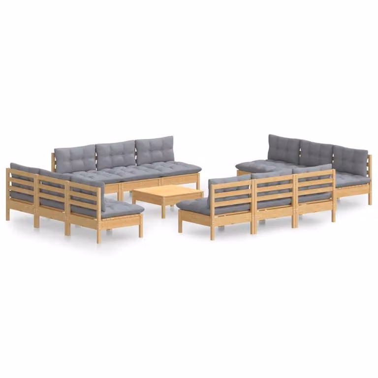 Set Divani da Giardino 13 pz con Cuscini Grigi Massello di Pino