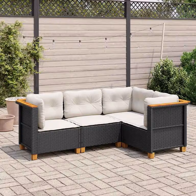 Set di divani da giardino vidaXL a forma di L composto da 4 pezzi in polyrattan nero con cuscini inclusi e coperture rimovibili