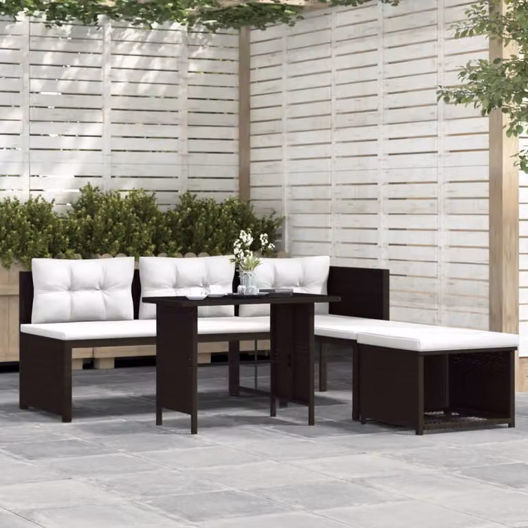 Set di divani da giardino vidaXL a forma di L con struttura in metallo e rattan marrone, completo di cuscini e coperture rimovibili
