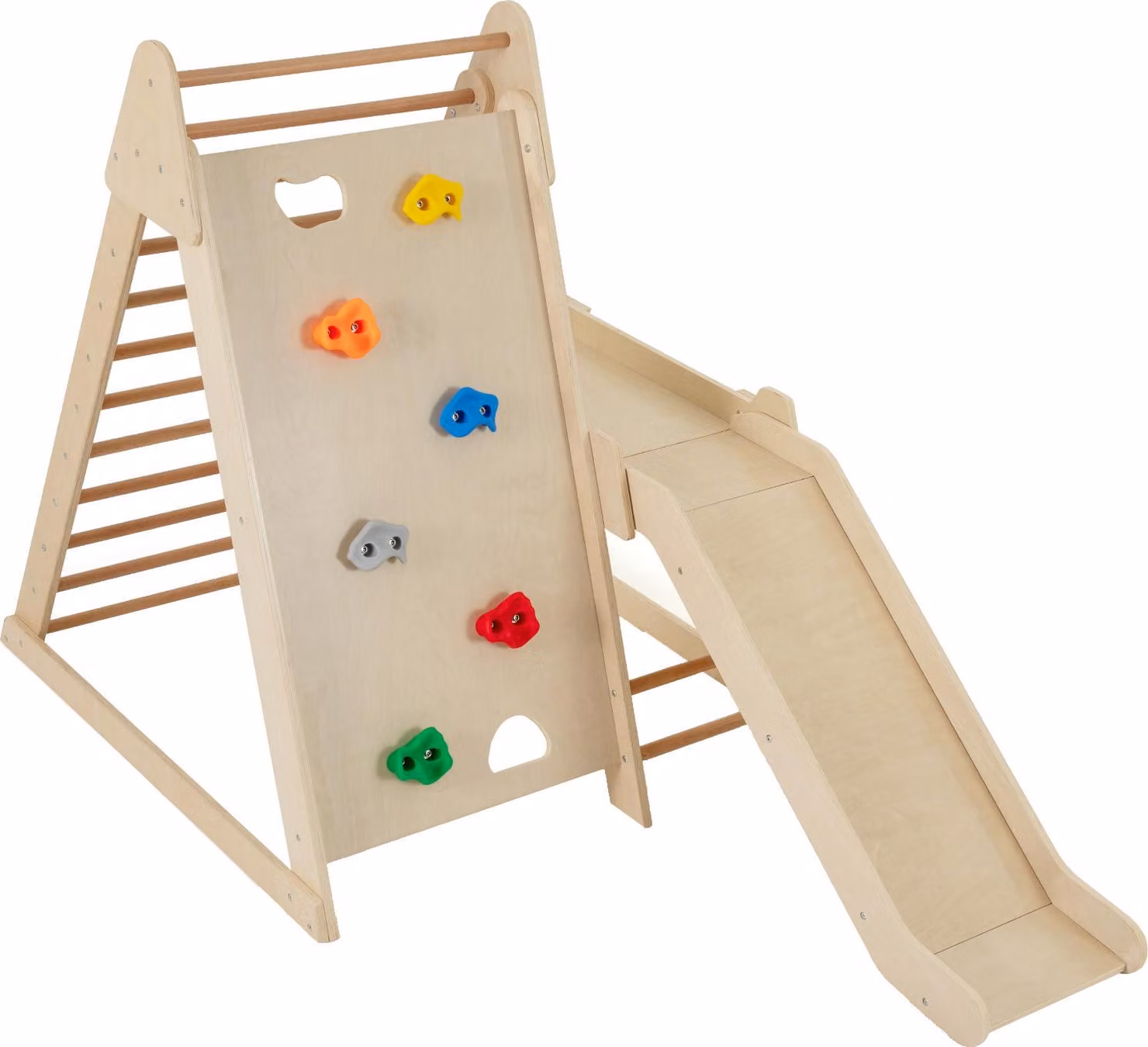 COSTWAY 3 in 1 struttura per arrampicata indoor, scala per arrampicata, parete per arrampicata e scivolo, triangolo per arrampicata e scivolamento, per bambini 3+natura,105x127,5x122,5cm