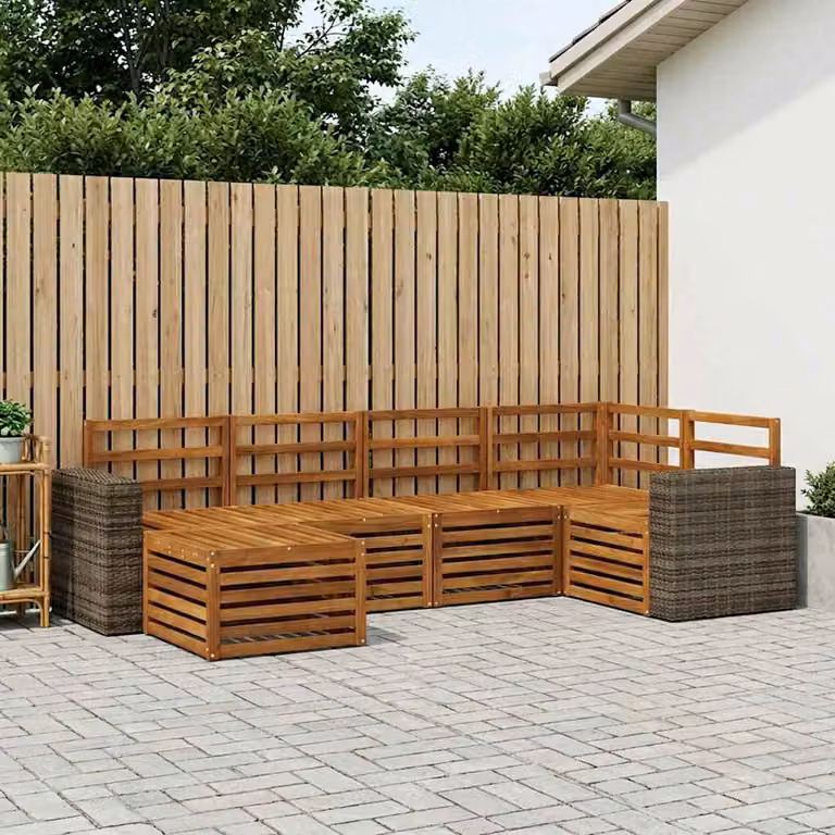 Set di divani da esterno vidaXL a forma di L composto da 6 pezzi in legno di acacia con cuscini beige e marrone e pouf coordinato