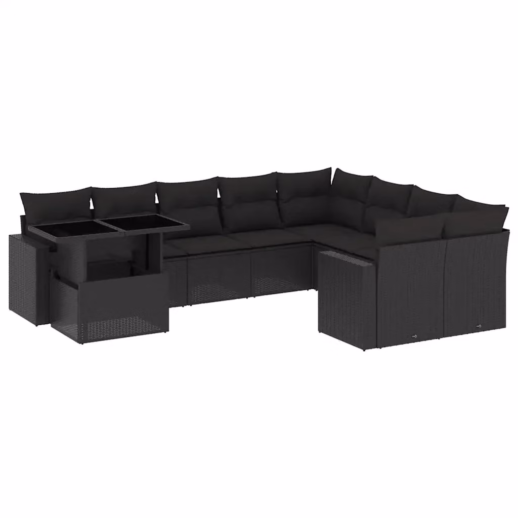 vidaXL Set Divani da Giardino a L in Polyrattan Nero con Cuscini e Tavolino da Esterno – 2