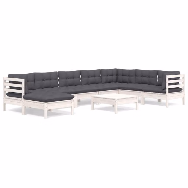 Set Divani da Giardino 9 pz con Cuscini Bianchi Legno di Pino