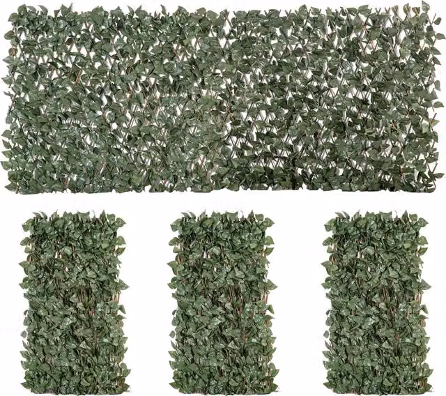 Set di 4 siepi artificiali di edera estensibili Outsunny, pannelli murali frangivista in poliestere e vimini, Verde, L: 200 cm, H: 100 cm