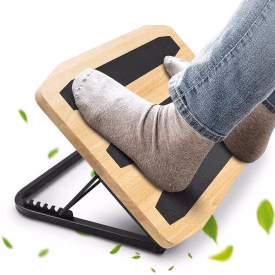 Supporto ergonomico per i piedi in legno con struttura in acciaio – regolabile in altezza su 7 posizioni, inclinazione da 0 a 32°, dotato di 3 strisce in gomma antiscivolo | Ideale per l'ufficio domestico e l'ambiente lavorativo