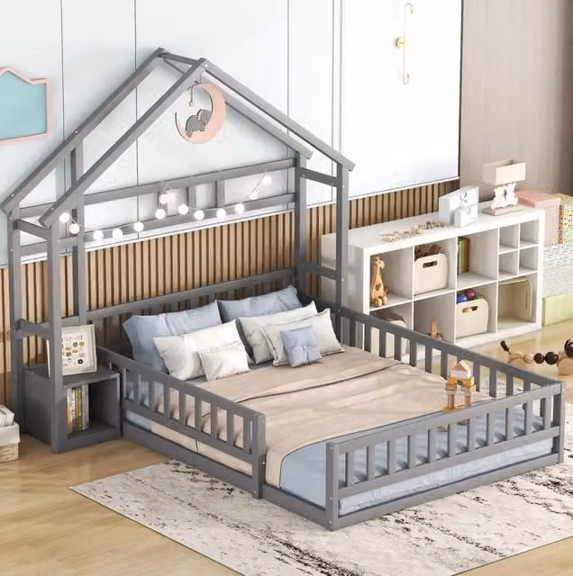 Letto per bambini a casetta 140x200 cm con comodino e sponda di sicurezza; grigio