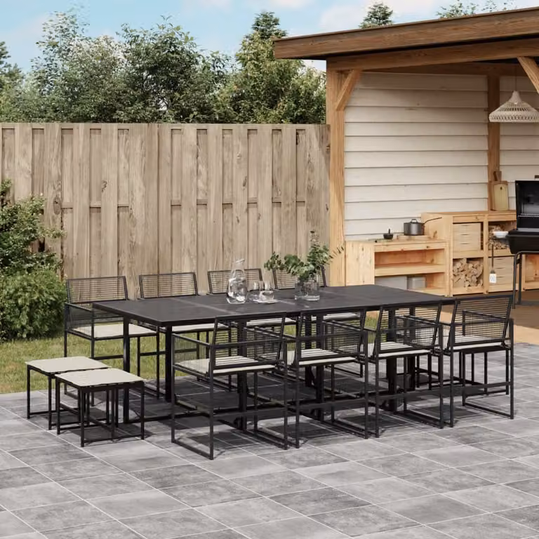 Set da pranzo da giardino vidaXL in polyrattan nero con cuscini e tavolo in vetro per 13 persone