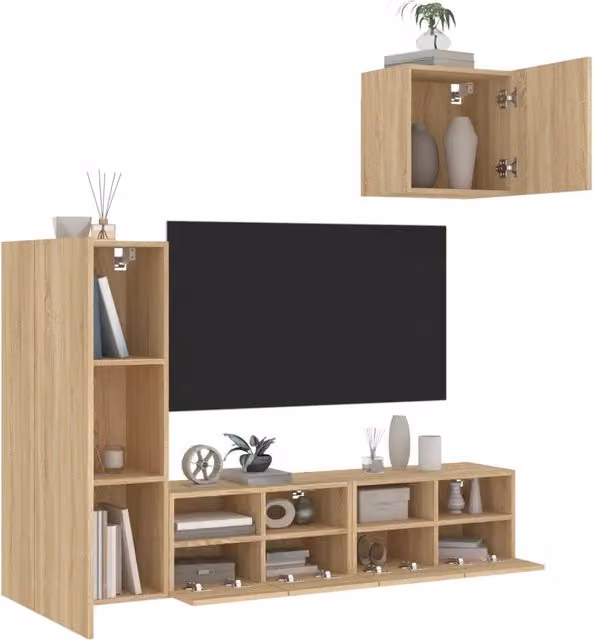 Set di 4 Mobili TV da Parete Moderni vidaXL in Legno Multistrato Rovere, Colore Marrone Opaco