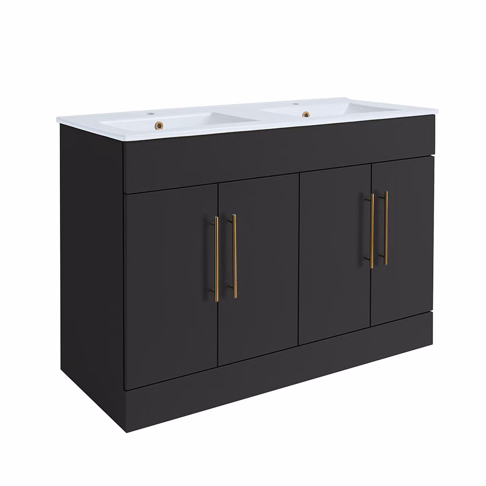 Mobile Bagno a Terra Grigio Nero da 1210mm con Doppio Lavabo e Maniglie con Barra a T in Rame Satinato - Cluo