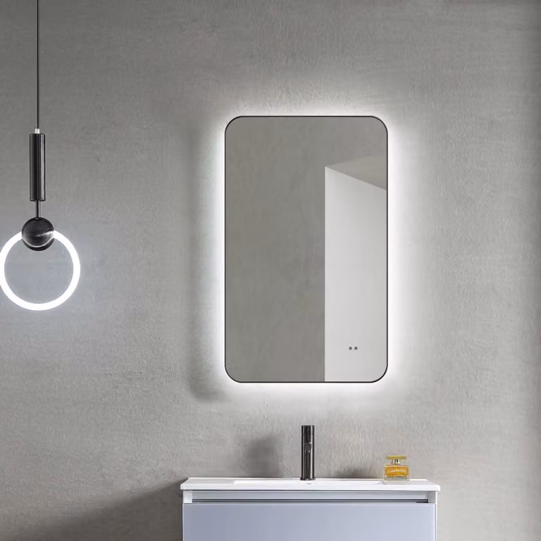 Specchio da bagno a LED, 70x43 cm, colore nero opaco, sensore a onde radio, cornice in alluminio