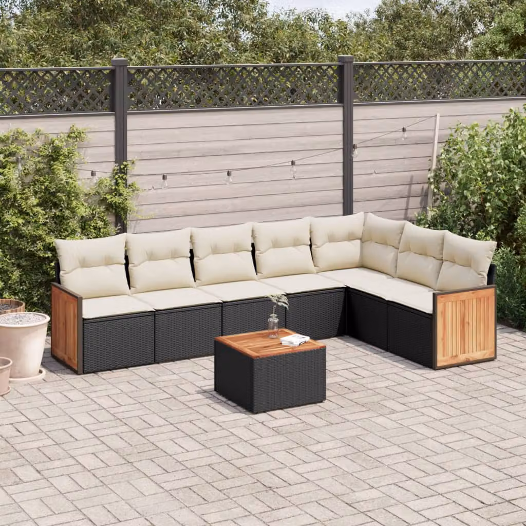 vidaXL Set Divani da Giardino in Polyrattan Nero con Cuscini e Tavolino da Caffè – 1