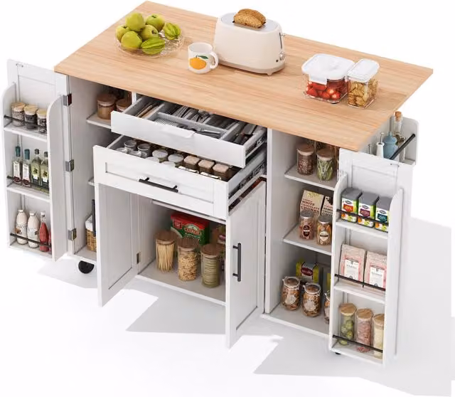 Isola da Cucina Mobile 136x70x92 cm Bianca con Piano Ribaltabile; Cassetto Nascosto; Ripiani e 5 Ruote