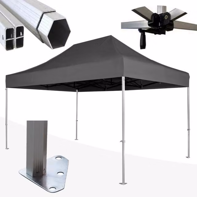 Gazebo 3x4,5 m nero SENZA laterali pieghevole alluminio piantone esagonale 45mm portatile estendibile richiudibile estensibile acciaio per fiere eventi stand chiosco tenda tendone mercato mercatino