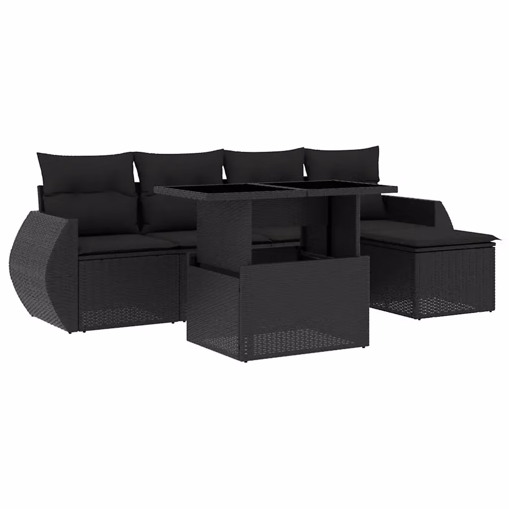vidaXL Set Divano da Giardino a L in Polyrattan Nero con Cuscini e Tavolino da 6 Pezzi – 2