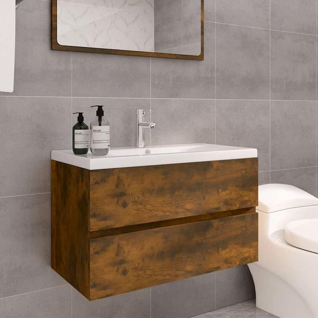 Mobile Bagno con Lavabo Integrato vidaXL in Rovere Fumo e Bianco, Design Moderno con Cassetti e Ante, L/P/H: 80 x 45 x 38,5 cm – 1