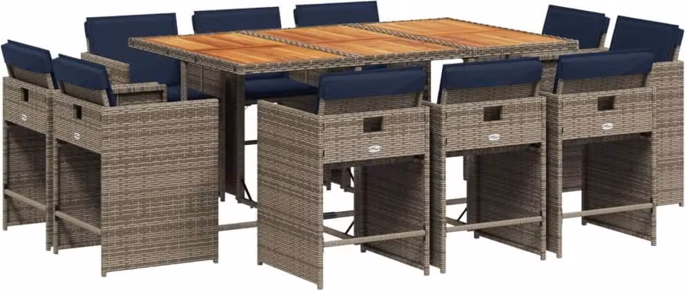 Set da pranzo da giardino da 11 pz con Cuscini in Polyrattan Grigio