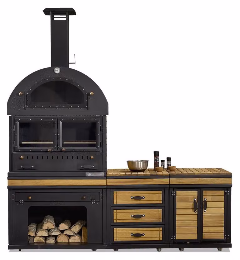Elegante Außenküche aus Edelstahl und Holz in Schwarz