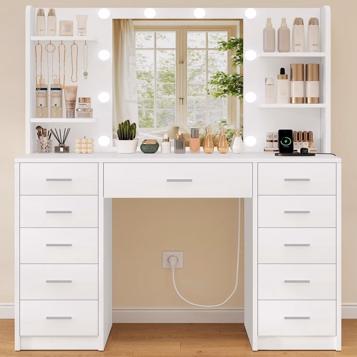Comò da trucco con illuminazione a LED, specchio, prese di corrente, 11 cassetti, colore bianco